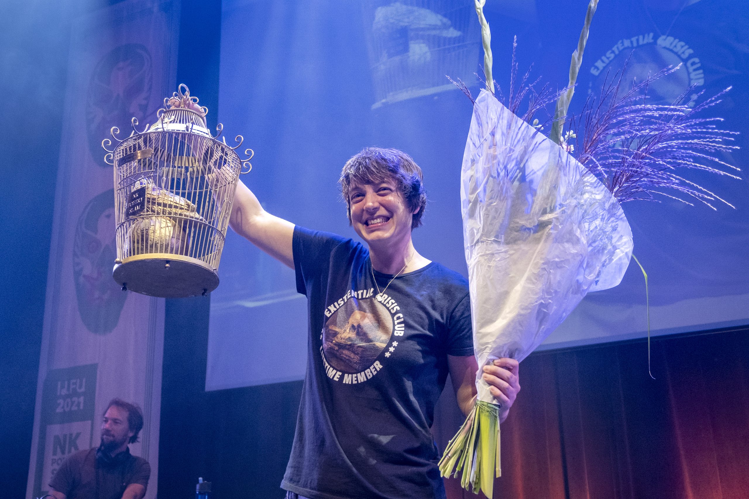 Nederland. Utrecht, 24-09-2021. Foto: Patrick Post. NK Poetry Slam finale. Winnaar Monique Hendriks